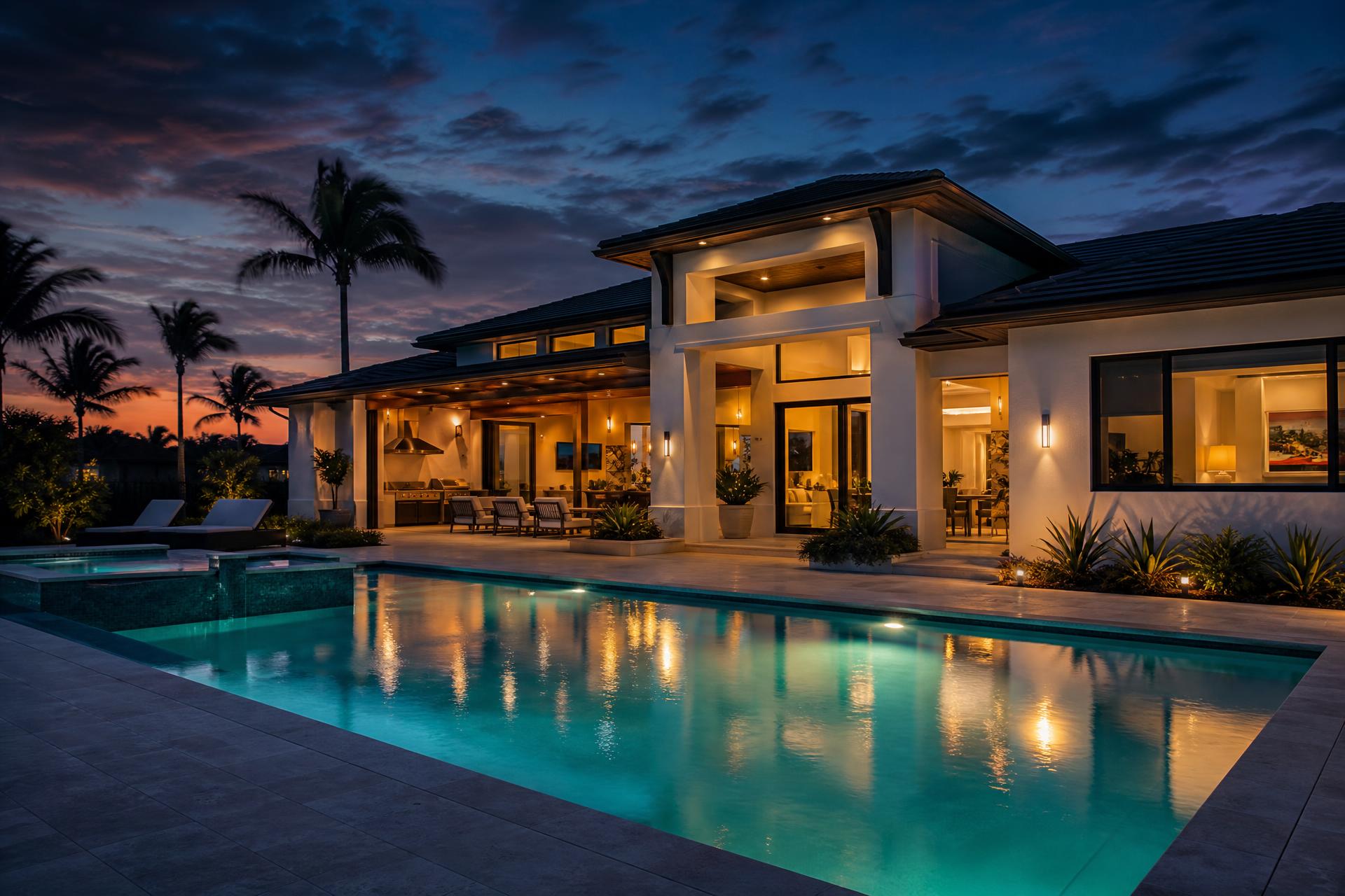 Completed luxury home with pool at dusk in Southwest Florida